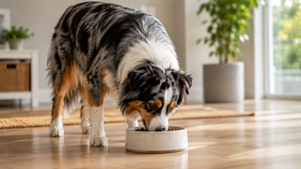 Australian Shepherd eating from a food bowl