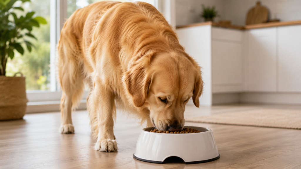 Golden Retriever eating from a food bowl