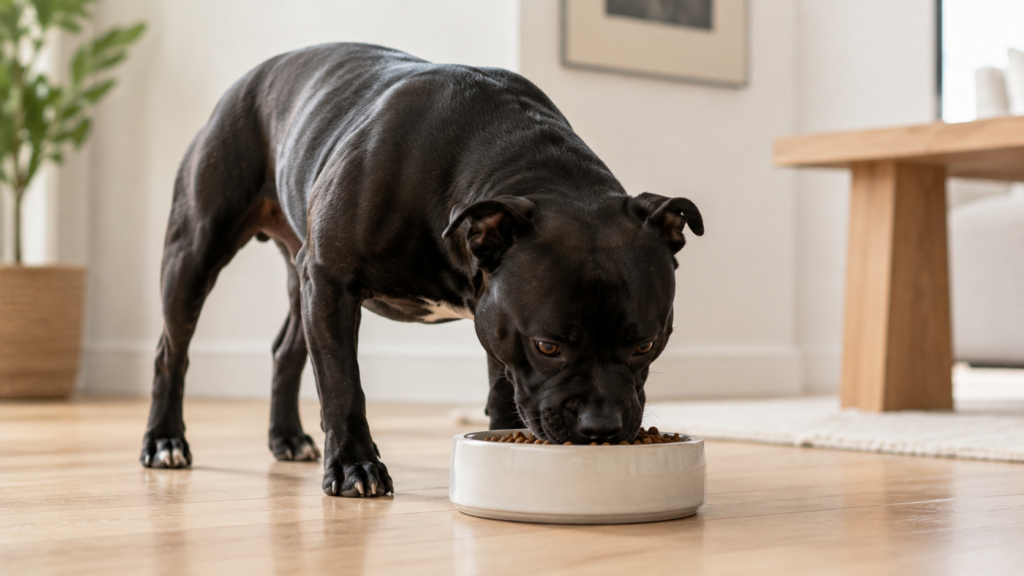 Staffordshire Bull Terrier eating from a food bowl