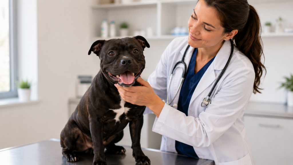 Staffordshire Bull Terrier having a veterinary health check