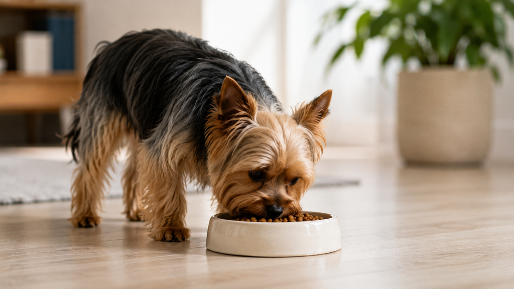 Yorkshire Terrier eating from a food bowl